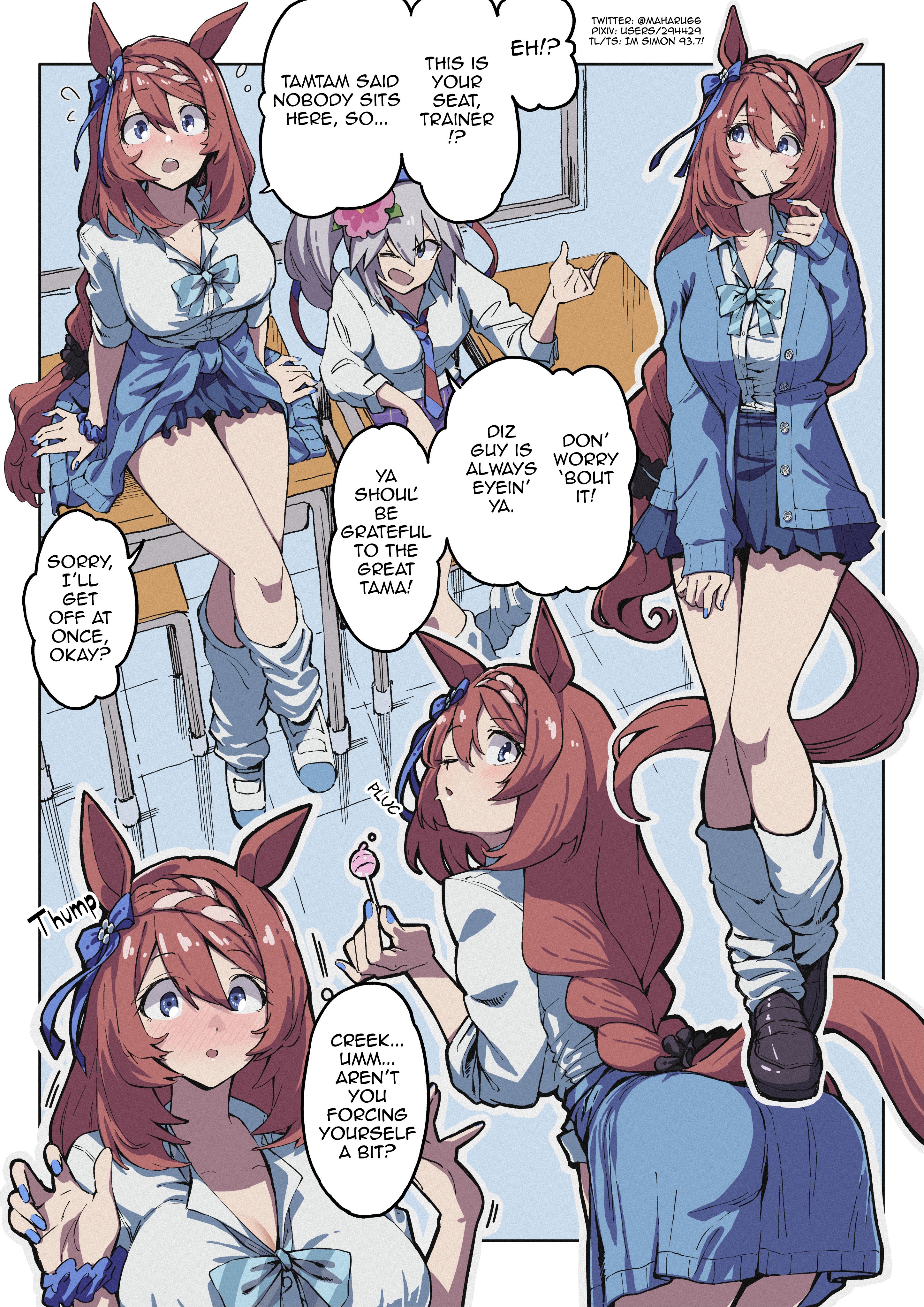 2girls, animal ears, animal tail, artist name, ass, ass visible through clothes, blue eyes, blue nails, blush, bow, braid, breasts, brown hair, cardigan, cardigan around waist, classroom, comic, dialogue, dress shirt, ear ornament, flower, flower in hair, from above, from behind, grey hair, gyaru, gyaru gal, hairband, hand on thigh, hands up, horse ears, horse girl, horse tail, large breasts, leg warmers, loafers, lollipop, lollipop in mouth, long hair, looking away, maharu66, medium breasts, one eye closed, parted bangs, pixiv username, pleated skirt, ribbon, rolled up sleeves, school desk, school uniform, schoolgirl, scrunchie, scrunchie on wrist, shoes, short skirt, sitting, sitting on desk, skirt, speech bubble, suggestive gesture, suggestive look, super creek (umamusume), talking to viewer, tamamo cross (umamusume), text, thighs, tie, translated, umamusume, umamusume pretty derby, white hair, window
