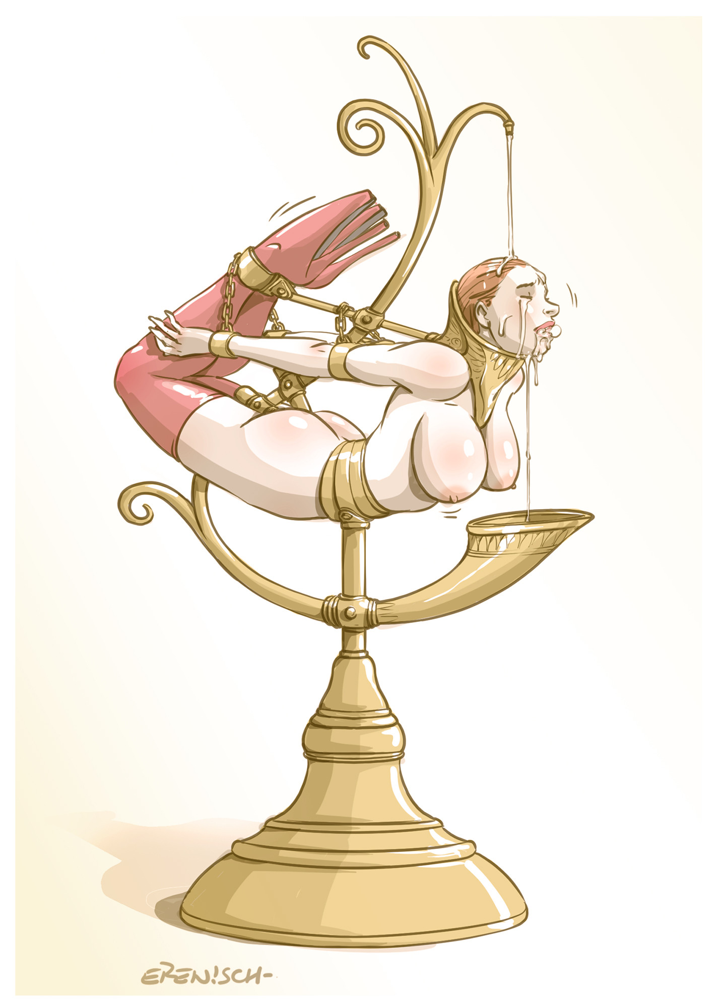1girls, ankle cuffs, ballet boots, ballet heels, bondage, bound, bound ankles, bound arms, bound legs, bound wrists, chains, collar, cuff (restraint), decoration, erenisch, female, female only, femsub, forniphilia, high heels, hogtie, illustration, legal slavery, living decoration, living furniture, metal collar, metal cuffs, posture collar, slave, slavegirl, stationary restraints, steel bondage, thighhighs, very high heels, wrist cuffs