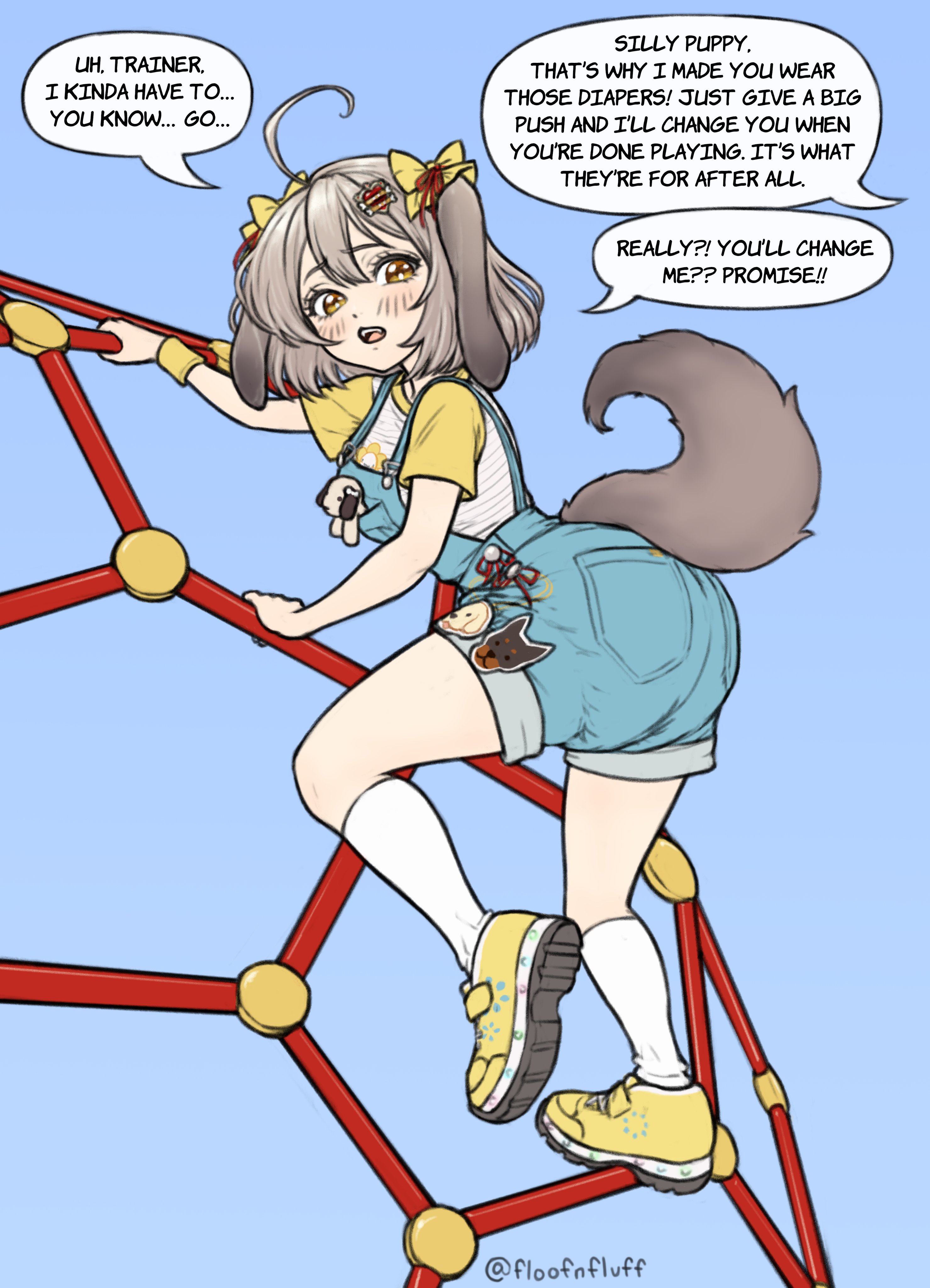 canine, clean diaper, diaper, diaper under clothing, english text, female, floofnfluff, jungle gym, looking back, overalls, playground, sneakers, wearing diaper