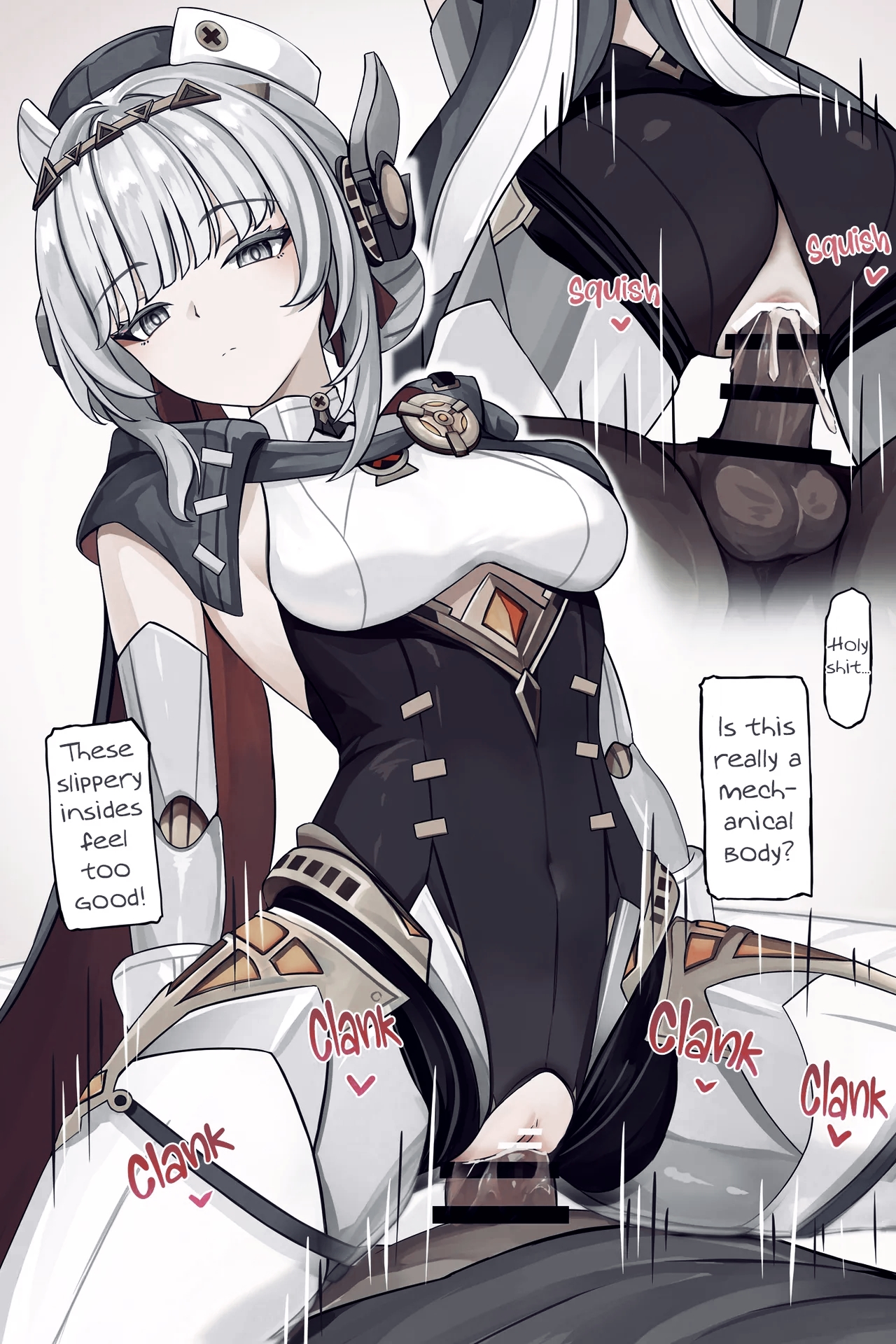 anus, ass, breasts, dark-skinned male, duo, female, genshin impact, hentai, ineffa (genshin impact), kuudere, male, manga, penis, robot, se34tai, waifu