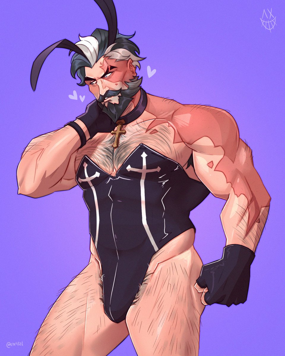 bara, beard, big pecs, bulge, bunny boy, bunny costume, bunny ears, bunny tail, bunnysuit, chest hair, christian cross, ctrlfzl, daddy, deadlock, dilf, hairy, hairy chest, heart, heart symbol, male, male only, muscular, muscular male, scar, scar across eye, scar on face, solo, venator (deadlock)