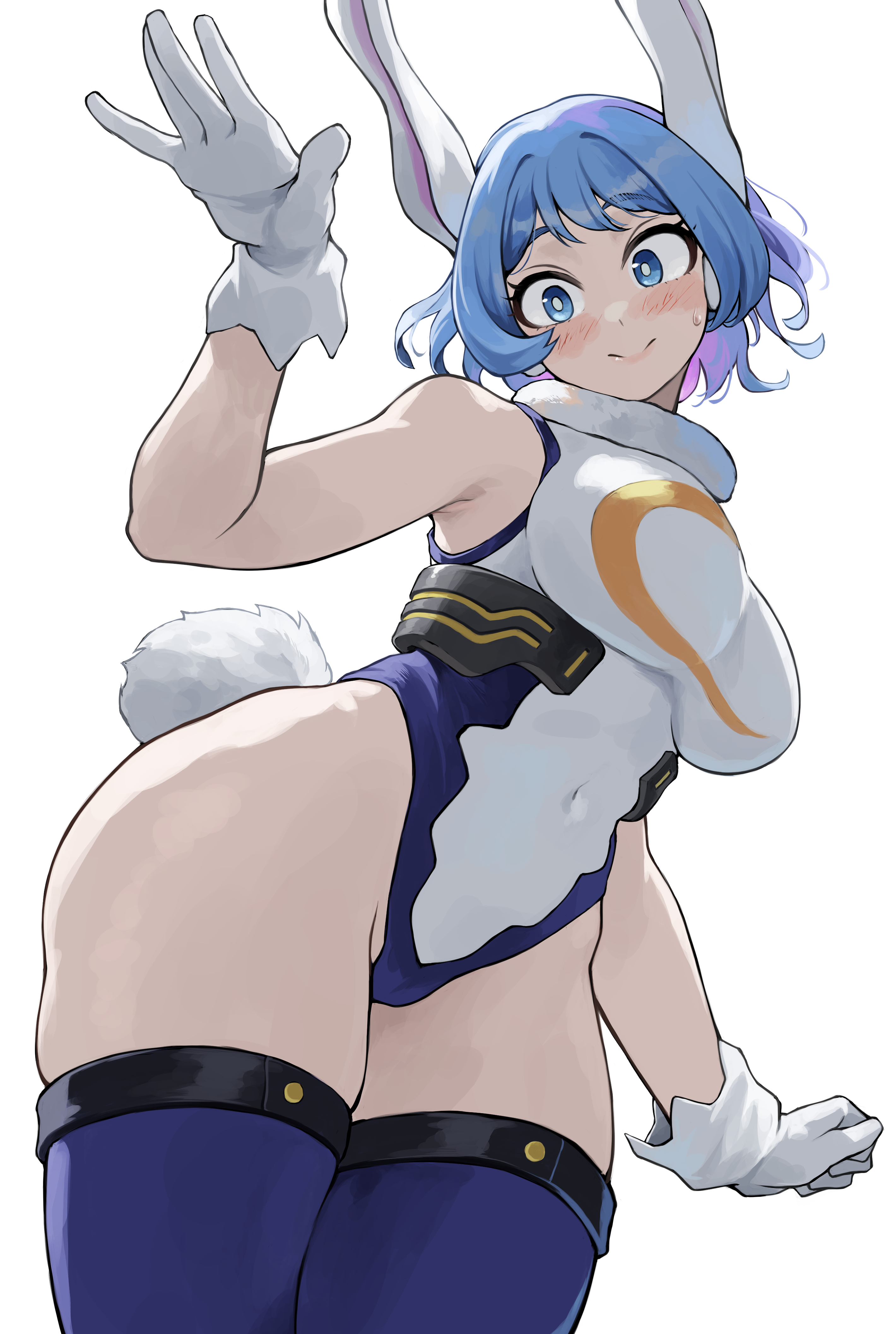 1girls, absurdres, animal ears, blue eyes, blue thighhighs, blush, boku no hero academia, breasts, closed mouth, commentary request, cosplay, covered navel, female, female only, fengling (furin-jp), gloves, hado nejire, highleg, highleg leotard, highres, kemonomimi mode, large breasts, leotard, miruko (cosplay), my hero academia, nejire hado, rabbit ears, rabbit girl, rabbit tail, short hair, smile, solo, tail, thighhighs, thighs, white gloves, white leotard