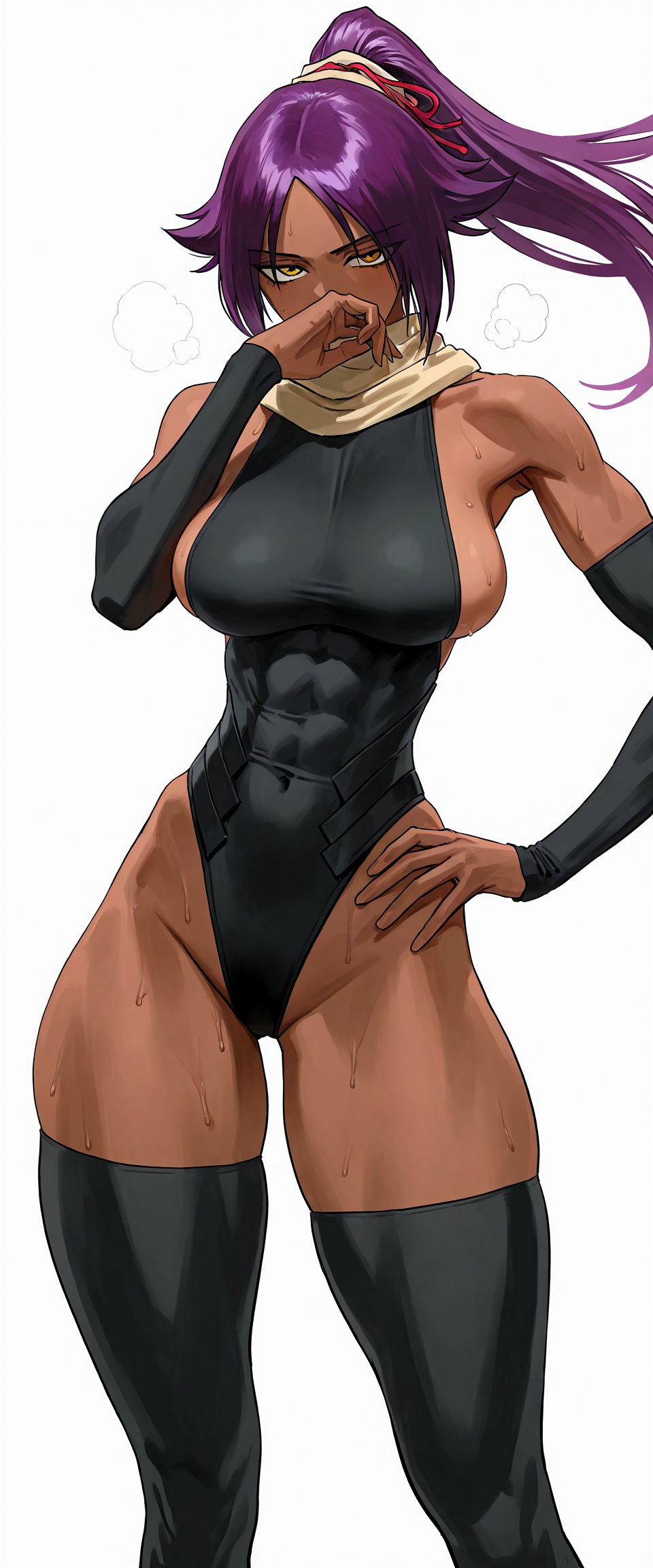 1girls, ai generated, bare shoulders, big breasts, black legwear, bleach, breasts, breath, dark skin, dark-skinned female, female, female only, hand on hip, large breasts, leotard, long hair, looking at viewer, muscular female, ponytail, purple hair, scarf, shihouin yoruichi, solo, sweat, tagme, thighhighs, thighs, yellow eyes