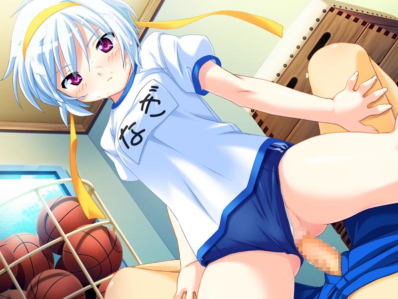 basketball blue_hair blush buruma buruma_aside censored clothed_sex clothing cowgirl_position cum cum_on_hair facial game_cg gym_uniform jinno_nagi kuuchuu_yousai makai_tenshi_jibril makai_tenshi_jibril_3 mosaic mosaic_censoring penis pov purple_eyes sex straddle vaulting_horse