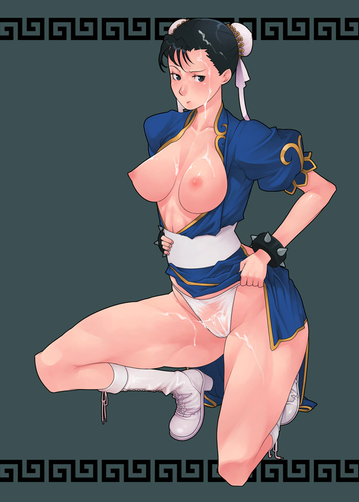 black_hair blush boots bracelet breasts breasts_out bukkake bun_cover capcom chun-li cum double_bun female female_only g-room_honten green_eyes human jewelry kneeling open_clothes open_shirt panties shirt solo spiked_bracelet spikes squat squatting straight_hair street_fighter underwear white_panties