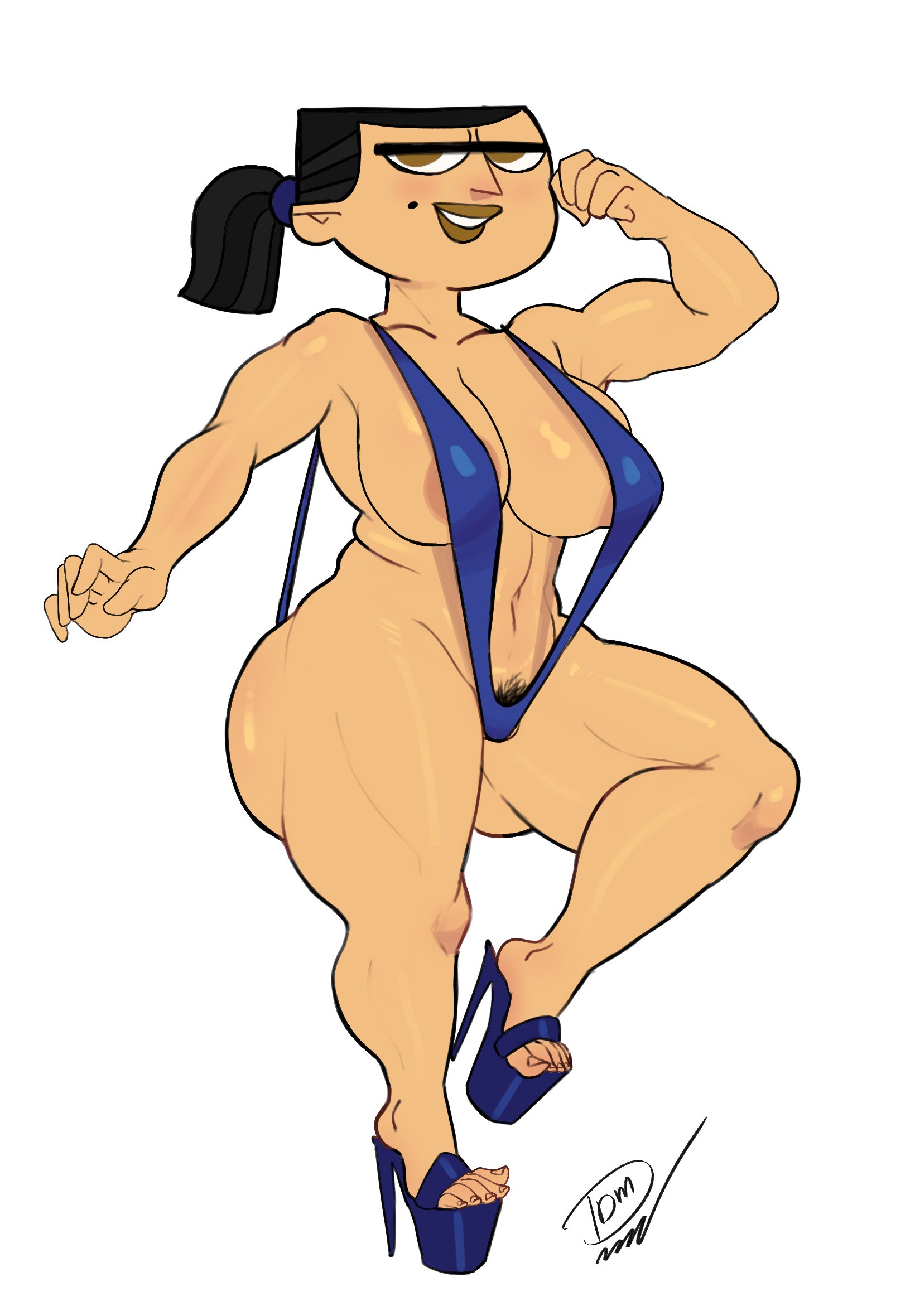 areolae, big ass, big breasts, black hair, blush, brown eyes, darkdm, eva (tdi), flexing, hairy pussy, heels, muscular female, thick thighs, thighs, total drama island