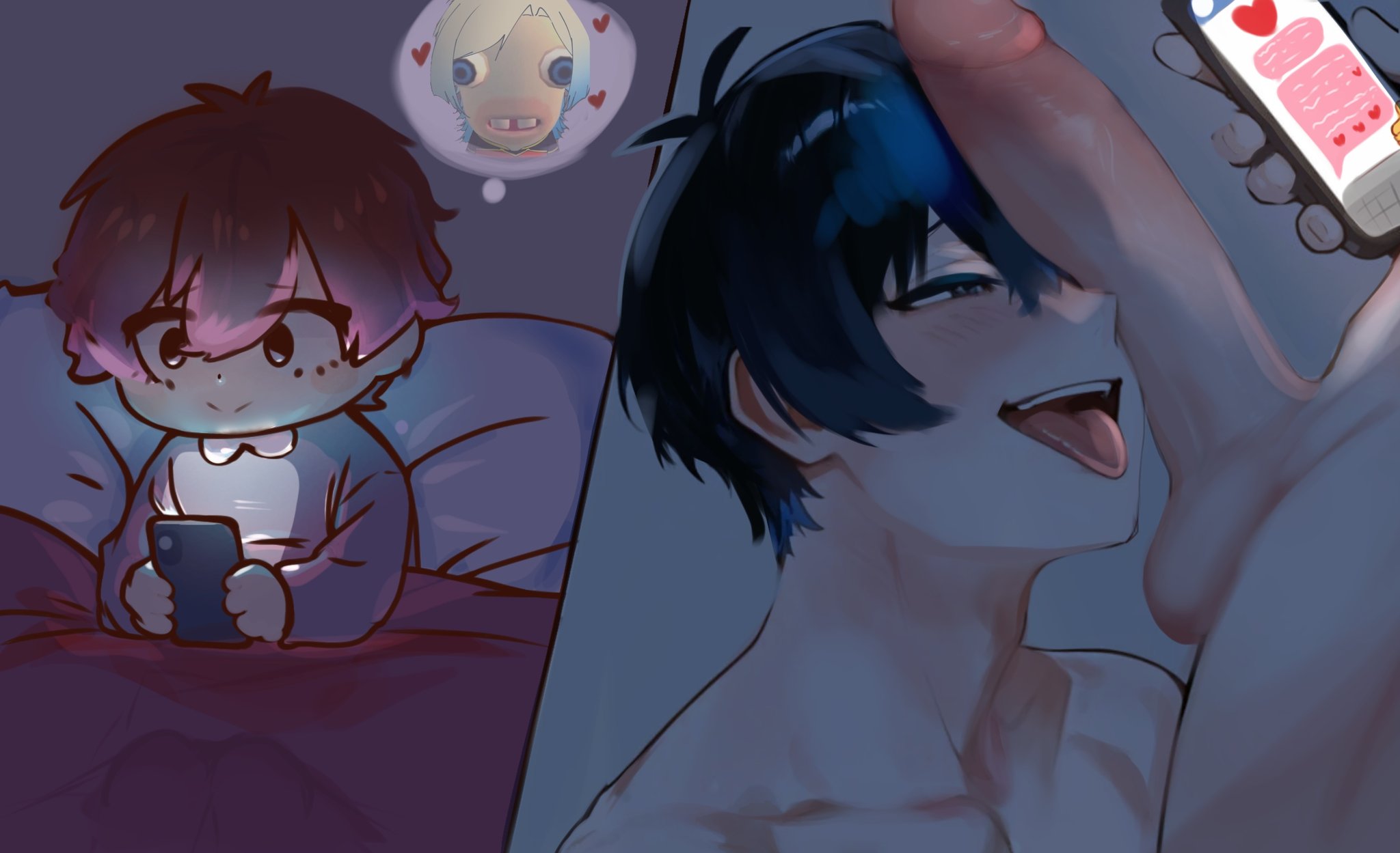 3boys, alexis ness, blue lock, blueygreenyx, cheating, chibi, gay, holding object, isagi yoichi, kaiser michael, large penis, looking at penis, looking up, male only, michael kaiser, ntr, penis awe, penis on face, request, requested, smile, tongue out, yaoi