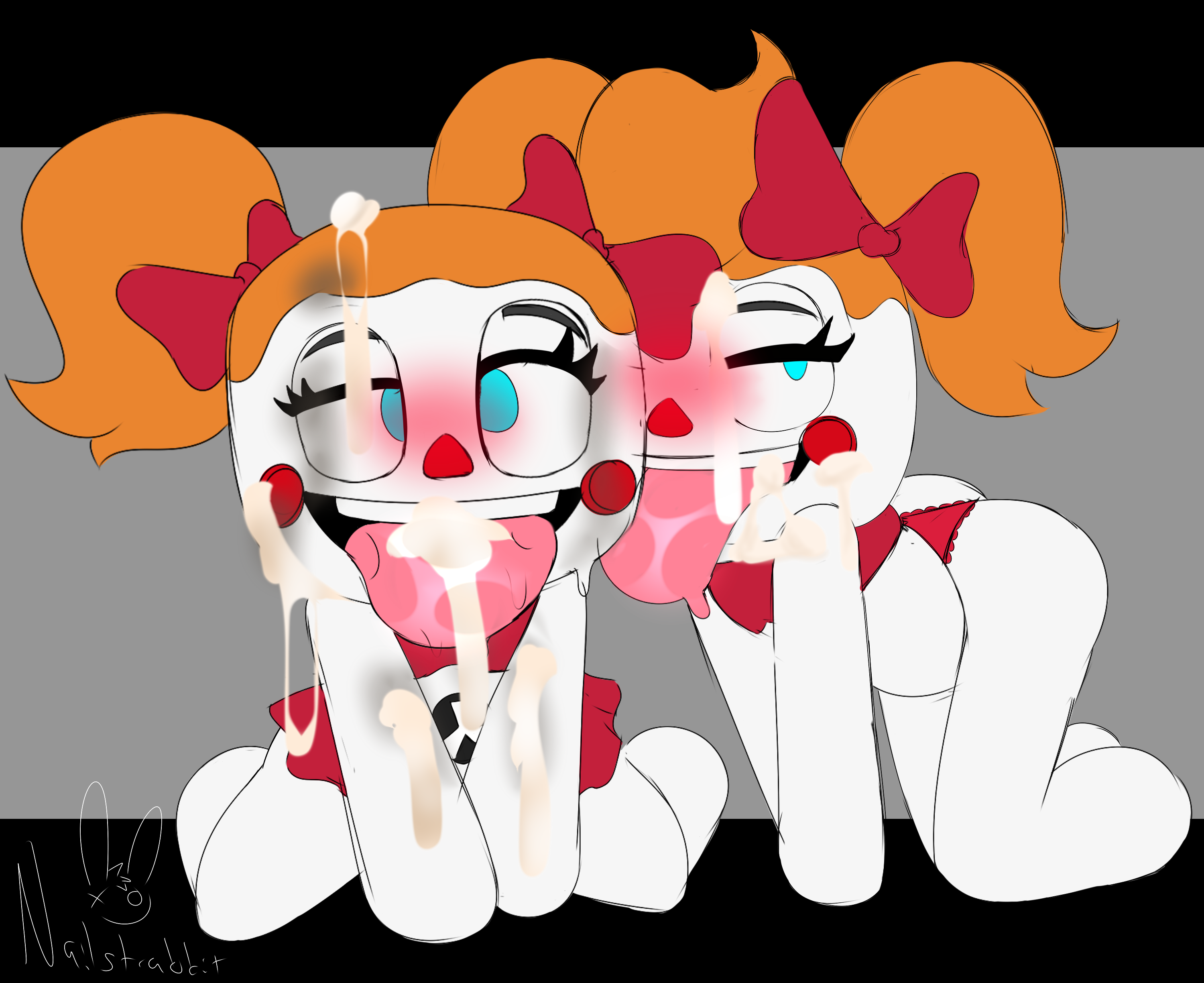 2025, 2girls, absurd res, blue eyes, brat, bratty, circus baby, circus baby (fnaf), color, commission, cum, cum on body, cum on face, digital media (artwork), facial, female, female only, five nights at freddy's, five nights at freddy's: sister location, fnaf, nailstrabbit, plush baby, plushie, plushophilia, selfcest, teasing, teasing viewer, twintails, uncensored
