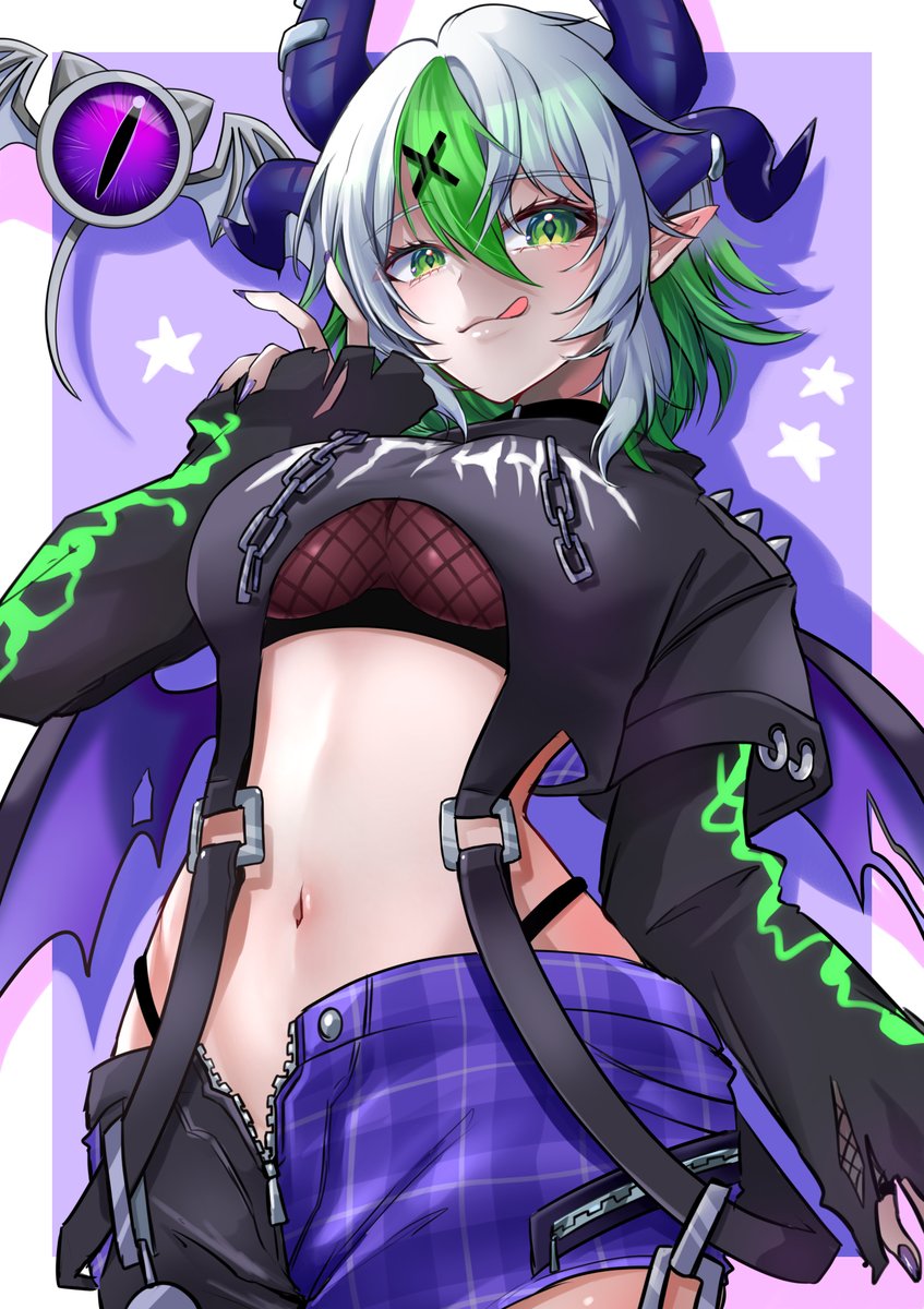 :p, 1girls, alternative fashion, belly button, big breasts, breasts, chanax29, cowboy shot, crop top, female, female only, fishnet shirt, fishnet topwear, fishnets, froot, goth girl, green eyes, green hair, grey hair, hairclip, horn piercing, horns, indie virtual youtuber, large breasts, layered sleeves, long sleeves, looking at viewer, midriff, multicolored hair, nail polish, navel, open fly, painted nails, pale skin, pale-skinned female, playful, pointy ears, purple nails, seductive, seductive look, seductive pose, seductive smile, sexy pose, short hair, shorts, simple background, slim waist, solo, stomach, thong, thong straps, tomboy, tongue, tongue out, tummy, underboob, virtual youtuber, vtuber, wide hips, wide sleeves, wings
