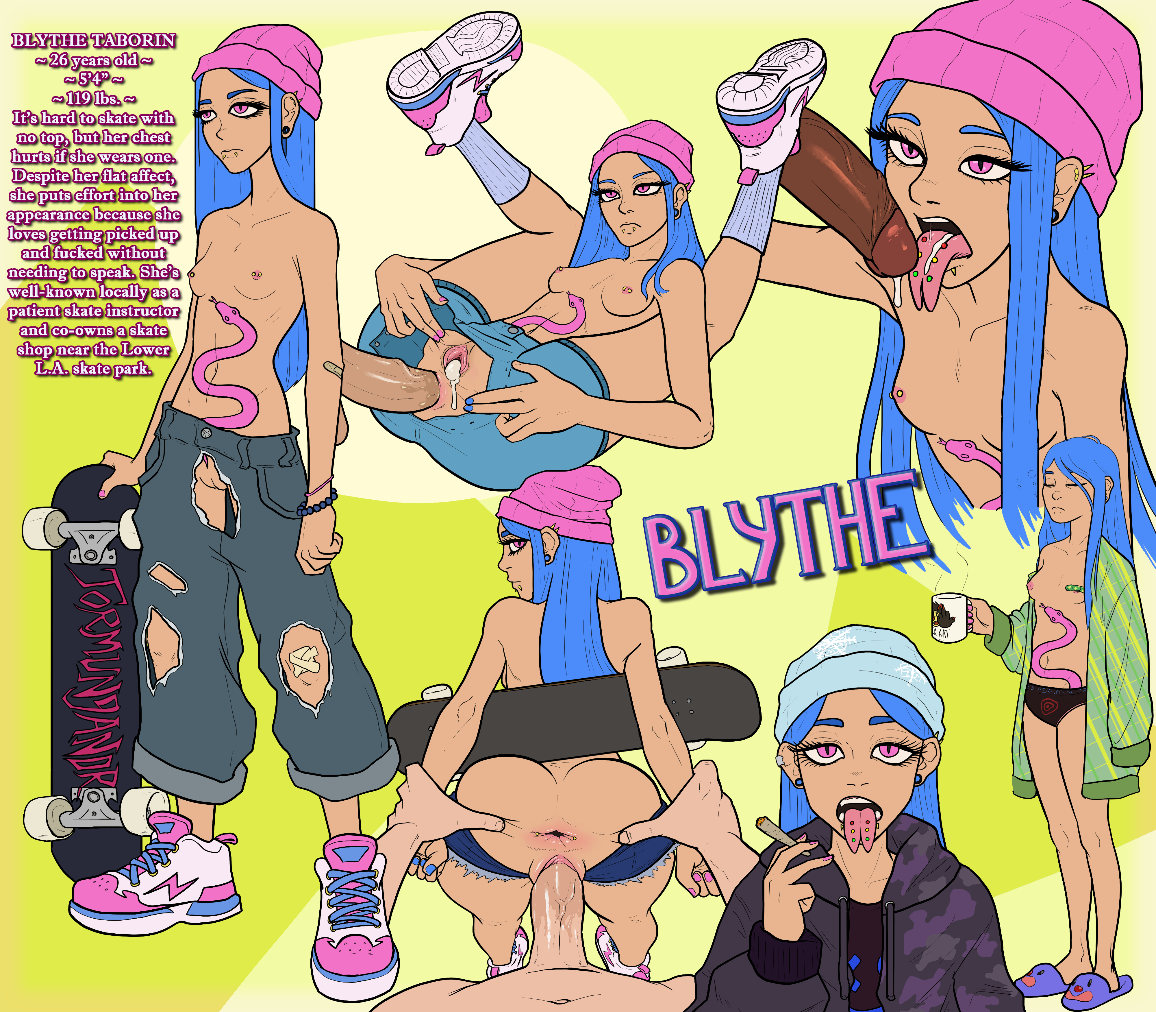 1girls, anal, anal sex, bent over, blue hair, blunt, blythe (lotuseater), casual, casual exposure, casual nudity, casual sex, character sheet, coffee, coffee mug, cum in pussy, cum inside, cum on tongue, drug use, drugs, easy access, expressionless, female, forked tongue, free use, gauged ear, holding wrists, hole in clothing, hypercasual, legs up, long hair, lotuseater (artist), mascara, nail polish, open mouth, painted nails, pierced ears, pierced lip, pierced nipples, pierced tongue, piercing, pink eyes, pink hat, reference sheet, revealing clothes, skateboard, skater, skinny, slippers, small breasts, snake tattoo, snakebite piercing, sneakers, split tongue, spreading, spreading ass, spreading pussy, standing, standing sex, straight, streetwear, tattoo, tattoo on belly, thin, tongue out, tongue piercing, topless, topless female, torn clothes, torn clothing, vagina, vaginal penetration, vaginal sex