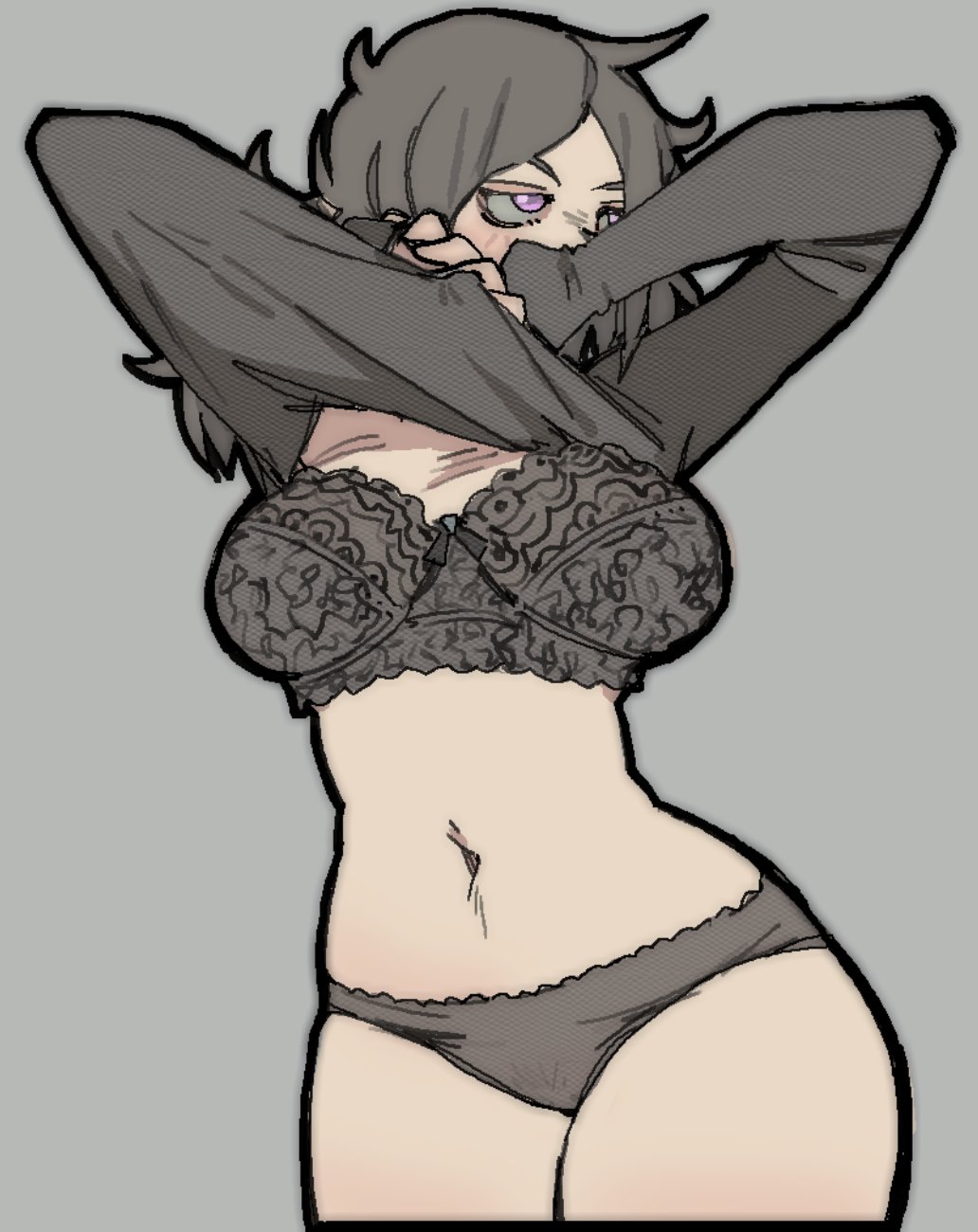 1girls, 2d, amlogamer, ashley graves, big breasts, black hair, blush, bra, breasts, busty, cleavage, embarrassed, female, female only, large breasts, lifted by self, panties, pink eyes, solo, solo female, the coffin of andy and leyley, underwear, undressing, voluptuous
