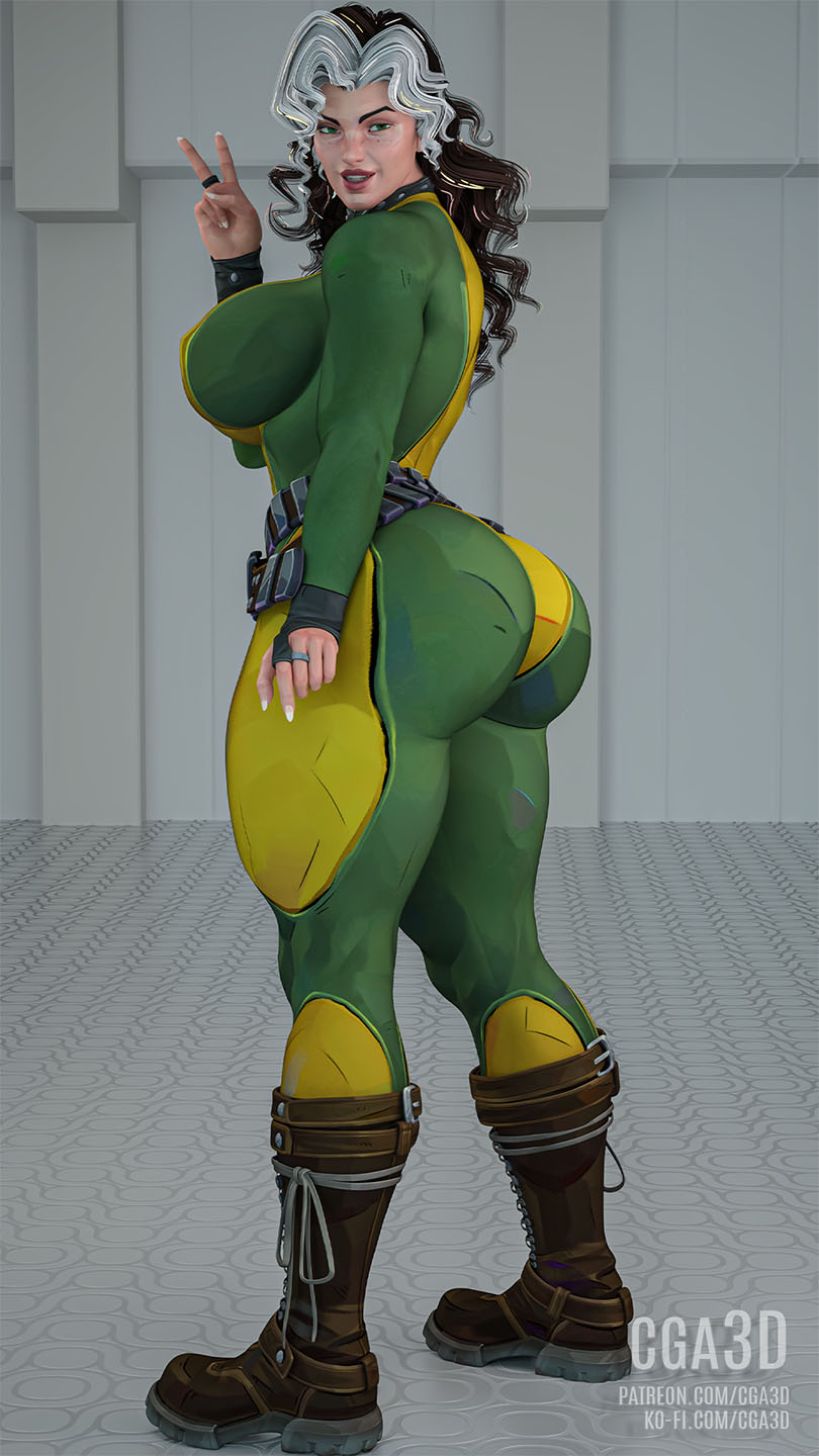 1girls, 3d, abs, ass, big ass, big breasts, breasts, brown hair, bush, cga3d, cleavage, dyed bangs, erotichris, female, female focus, female only, green eyes, light skin, lips, lipstick, looking at viewer, marvel, marvel comics, marvel rivals, navel, rogue (marvel rivals), rogue (x-men), solo, thick thighs, two-tone hair, watermark, white hair, x-men, yellow shirt