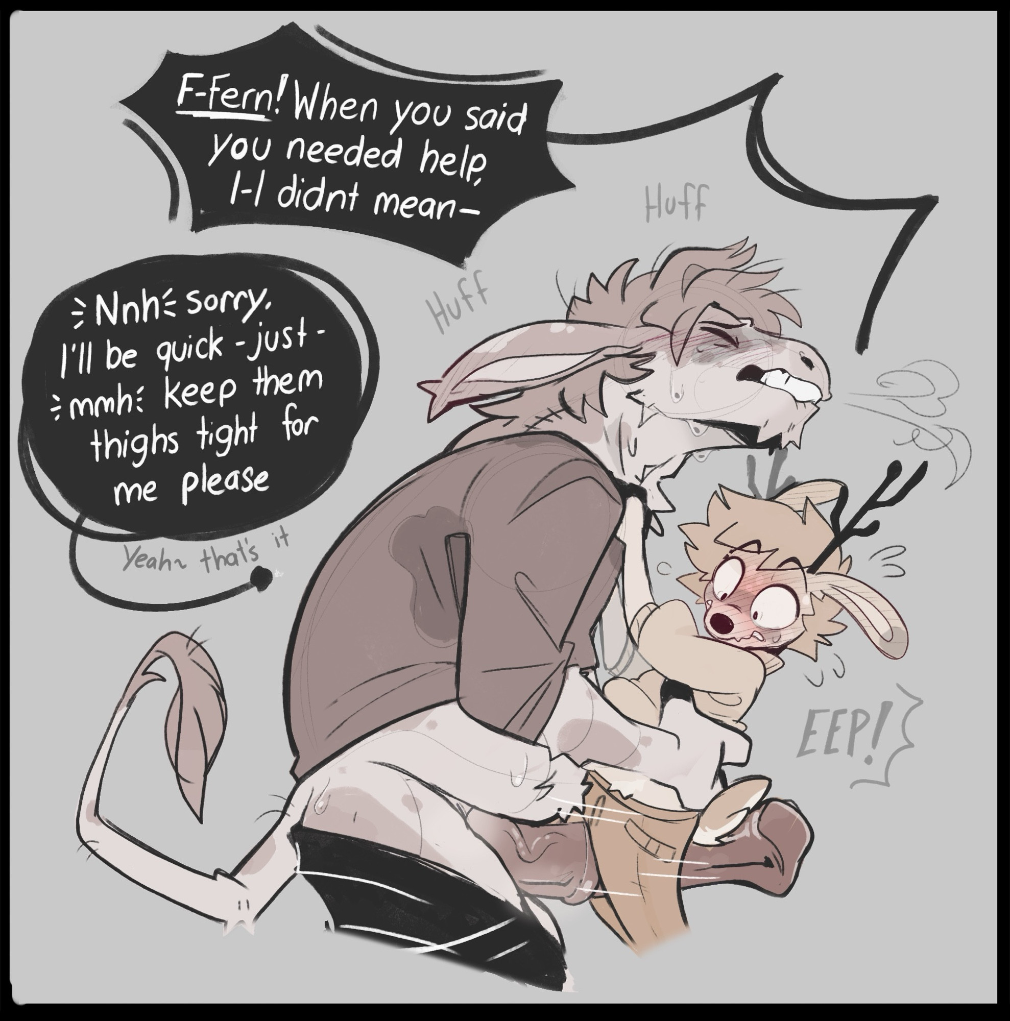 2boys, animal ears, animal genitalia, animal humanoid, animal penis, animal tail, antlers, belly, big penis, blush, blushing, clothed, craxkers, deer, donkey, english, english text, fat, fat male, furry, furry male, furry only, gay, grinding, hairy, horse penis, horsecock, horsecock on humanoid, huge cock, looking at penis, looking down, massive penis, original, original character, penis, penis awe, penis out, shocked, short hair, size difference, text bubble, thick thighs, thigh sex, thighjob, thighs, yaoi