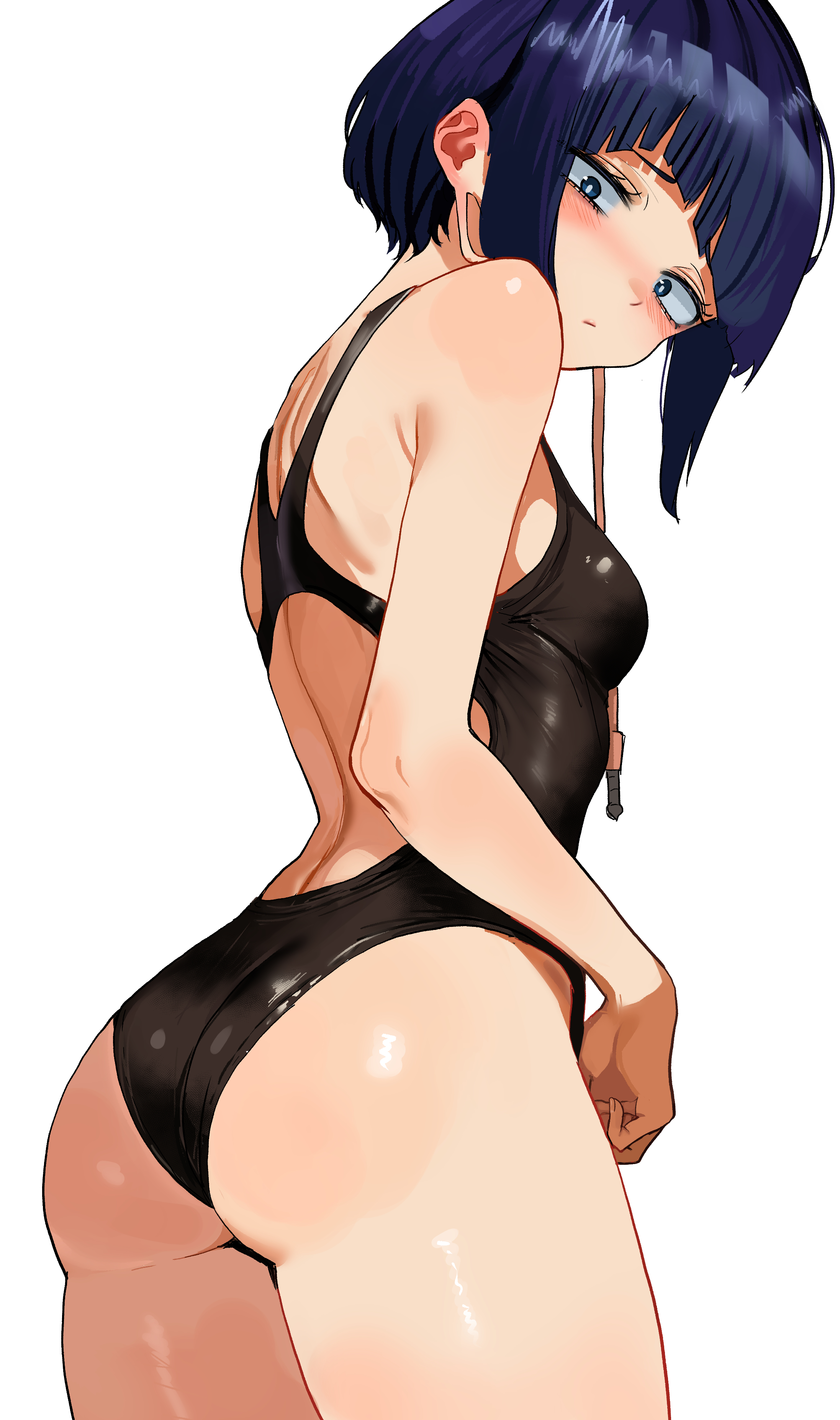 1girls, ass, audio jack, bangs, black leotard, black swimsuit, blue eyes, blue hair, blunt bangs, female, kyoka jiro, leotard, light skin, light-skinned female, long earlobes, my hero academia, one-piece swimsuit, solo, swimsuit, zd (pixiv6210083)