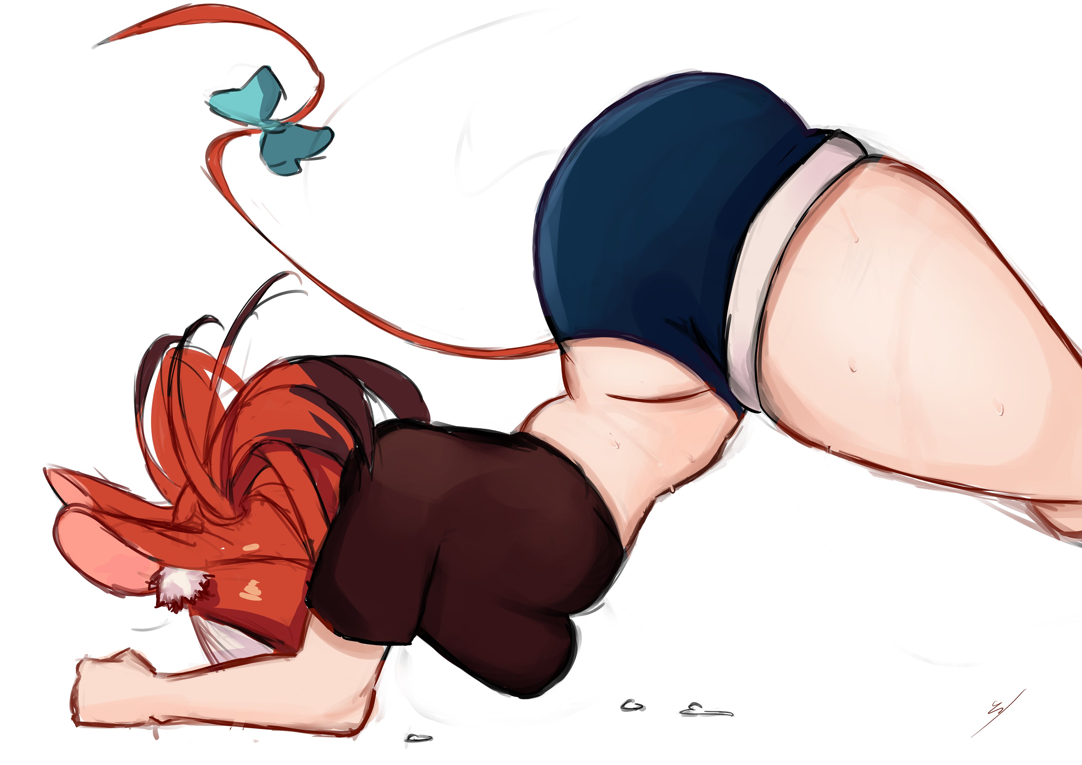 1girls, all fours, animal ears, ass, ass up, big thighs, bottom heavy, curvaceous, curvy, curvy body, curvy female, curvy figure, erroz, exercise, female, hakos baelz, hololive, hololive english, hololive english -council-, hololive english -promise-, large thighs, red hair, solo, sweat, sweatdrop, sweating, tail, thick thighs, thighs, virtual youtuber, workout