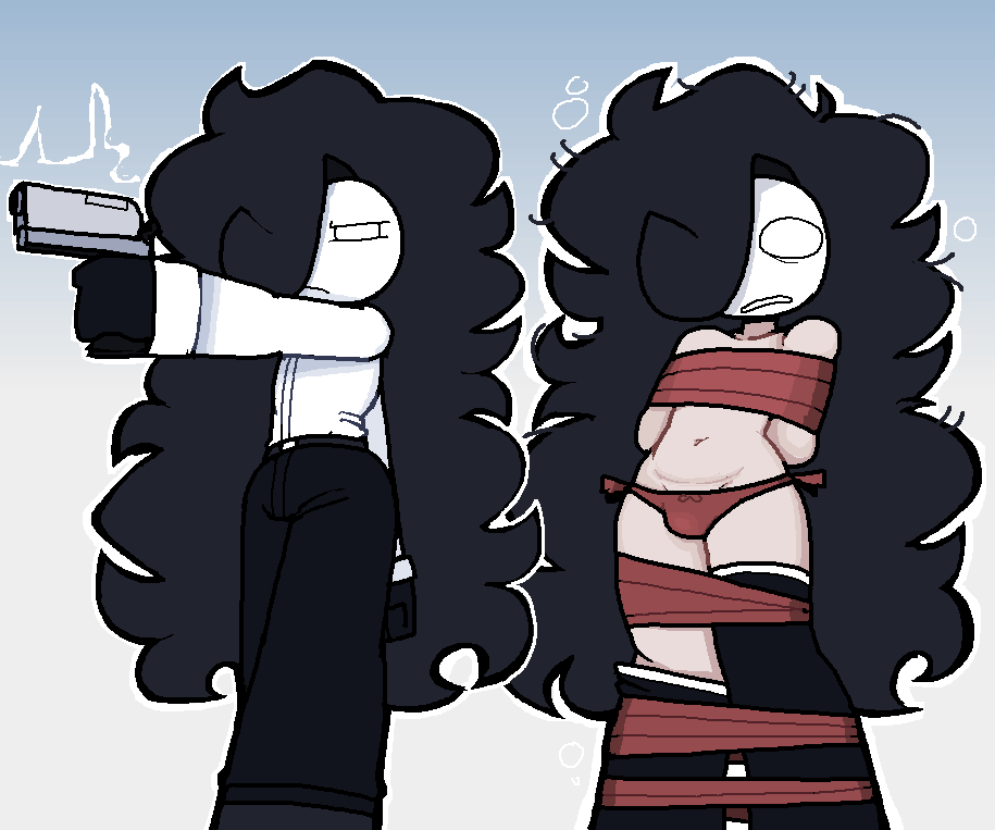 1boy 1femboy 2026 2d 2d_(artwork) agent arcaned_roses black_bottomwear black_gloves black_hair black_legwear black_pants black_thigh_highs black_thighhighs clothed clothes clothing color colored digital_drawing_(artwork) digital_media_(artwork) femboy femboy_only gloves gradient_background gun hands_behind_back long_hair male male_only messy_hair pale-skinned_femboy pale-skinned_male pale_skin panties pose posing red_ribbon red_underwear restrained restrained_arms ribbon ribbon_bondage roses_(roses_arcaned) roses_arcaned simple_background standing thigh_highs thighhighs thighs underwear white_shirt white_skin white_topwear wrapped wrapped_up