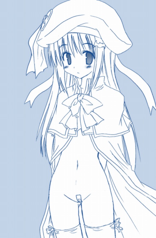 bandaid bandaid_on_pussy bottomless buttons cape hat large_buttons little_busters little_busters! long_hair maebari monochrome no_panties noumi_kudryavka souichi