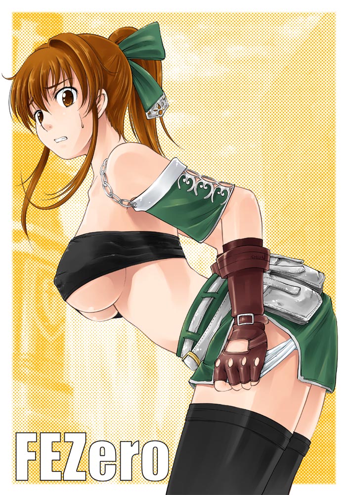 breasts brown_eyes brown_hair erect_nipples fantasy_earth_zero panties panty_pull ponytail seven_flavor_spice shiun thighhighs tied_hair underboob underwear