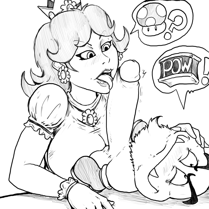 balls beard blush breasts clothed_female crown fangs fellatio female fleatrollus goomba hair hand_on_face happy huge_cock human large_breasts laying_down licking looking_down male mario_(series) monochrome mushroom nintendo oral penis penis_lick pow_block princess_daisy smile speech_bubble spoken_object straight super_mario_bros. tongue tongue_out