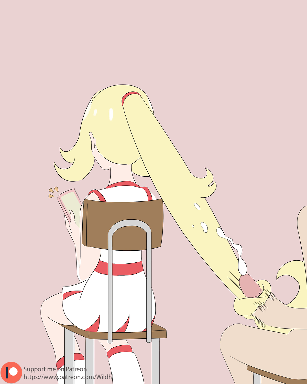 1boy, 1girls, ass, blonde hair, clothed female nude male, cum, cum on hair, cumshot, female, from behind, hair grab, hair pull, hairjob, holding, human, human only, korrina (pokemon), larger male, looking away, male, motion lines, nintendo, nude, patreon, penis, phone, pink background, pokemon, pokemon xy, ponytail, shirt, shoes, sitting, size difference, skirt, smaller female, source request, straight, text, unseen male face, url, very long hair, watermark, wide hips, wildhl