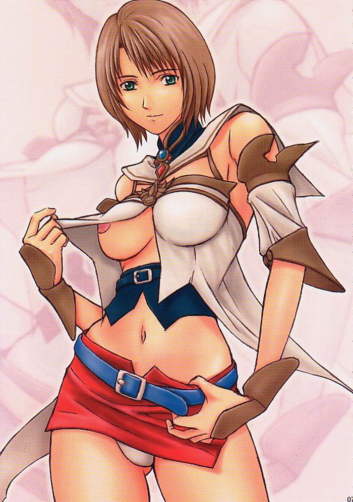 artbook ashelia_b'nargin_dalmasca beltskirt breasts brown_hair female female_only final_fantasy final_fantasy_xii green_eyes human leaning midriff momoi_nanabei navel nipples panties pantyshot red_skirt scan short_hair skirt_tug small_breast solo standing underboob underwear white_skirt