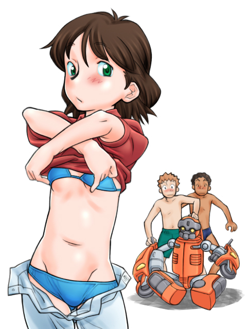 2boys alexis_thi_dang blushing bra_and_panties carlos_lopez female female_focus male_in_background rad_white shirt_lift transformers transformers_armada transformers_energon unbuttoned_pants undressing