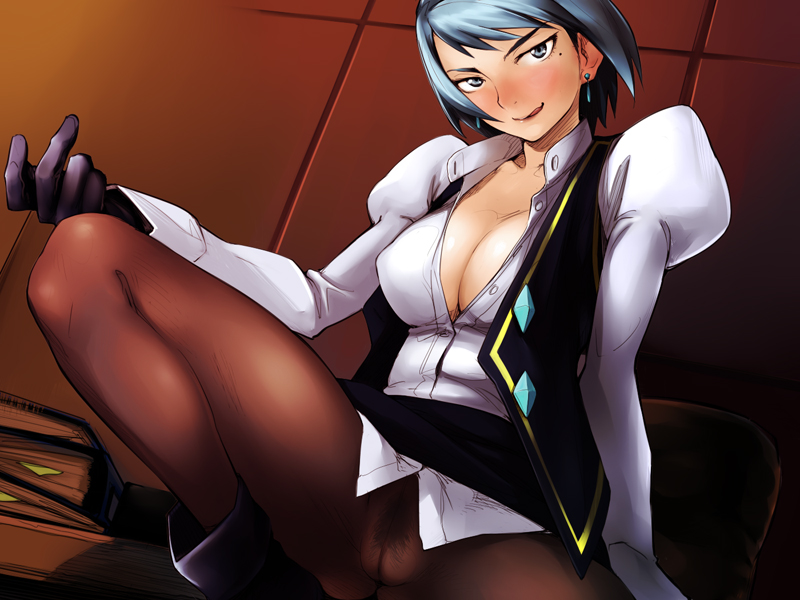 1girls :p ace_attorney blue_eyes blue_hair blush breasts cleavage earrings franziska_von_karma gloves gyakuten_saiban jewelry karuma_mei licking_lips mole no_bra no_panties pantyhose pubic_hair pussy see-through short_hair spread_legs squat squatting tongue undressing yurikawa