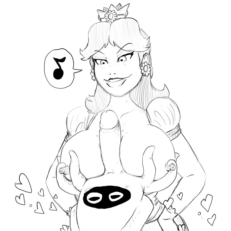 blooper breasts breasts_out clothed_female crown earring exposed_breasts female fleatrollus hands_on_hips heart human large_breasts large_penis looking_down male mario_(series) monochrome nintendo nipple_squeeze paizuri penis princess_daisy size_difference smile speech_bubble straight tentacle