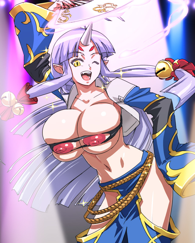 1girls areolae bandeau bell belt breasts clothes dancing endless_frontier fan fangs female hand_on_hip horns huge_breasts jingle_bell long_hair navel nippleless_clothes nipples oni open_mouth pointy_ears purple_hair silver_hair skindentation solo sparkle super_robot_wars super_robot_wars_og_saga_mugen_no_frontier suzuka_hime tubetop usatarou wink