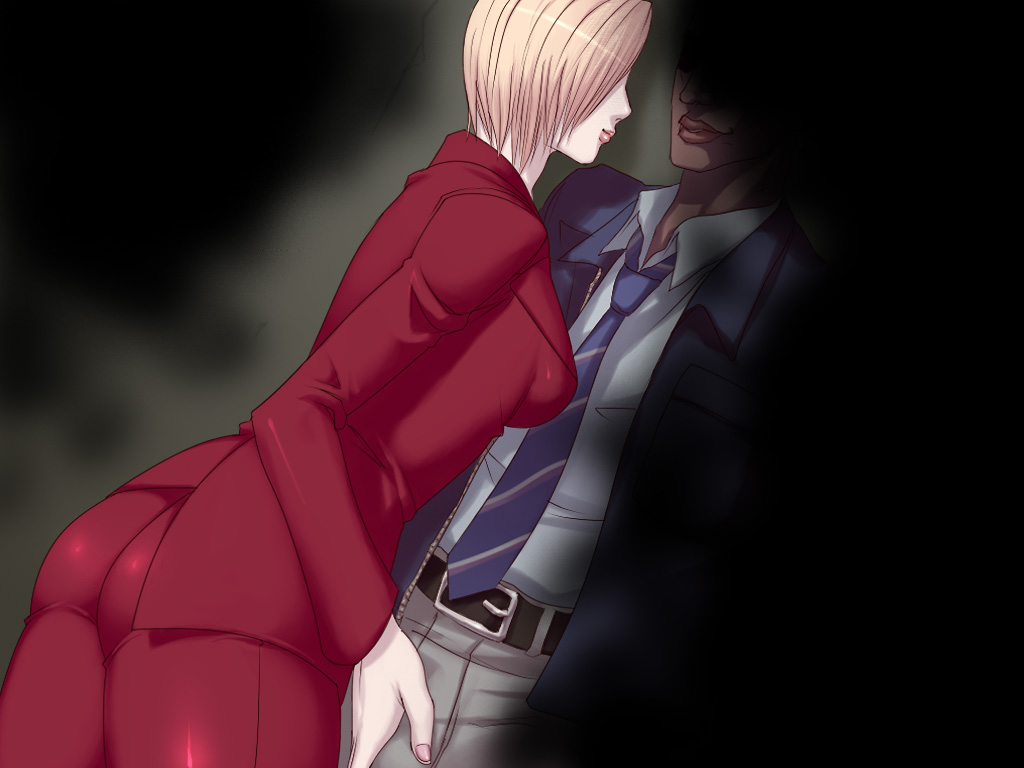 alyssa_ashcroft blonde_hair blue_eyes breasts capcom crotch_grab faceless_male jim_chapman lipstick makeup nail_polish resident_evil resident_evil_outbreak sawao short_hair skin_tight smile straight