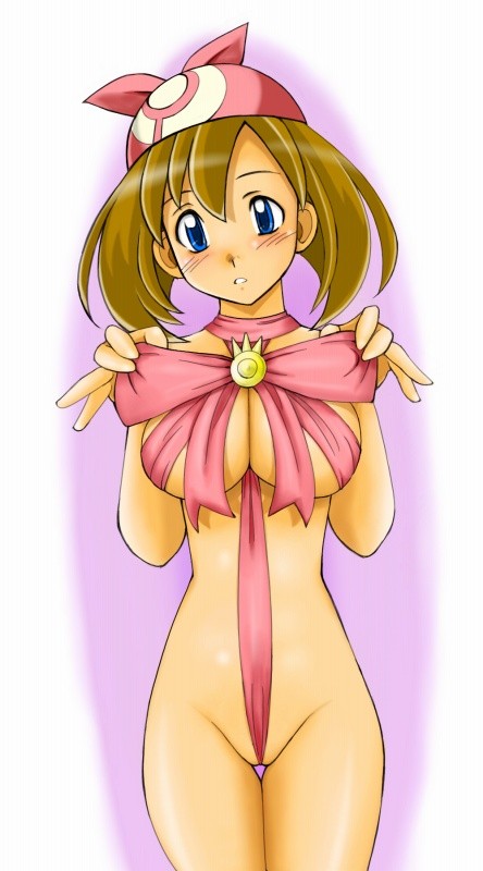 bandana between_labia blue_eyes breasts brown_hair color cryptobiosis female female_only front_view hair human human_only innie_pussy may_(pokemon) pink_bandana pokemon ribbon solo standing straight_hair tagme tsumitani_daisuke