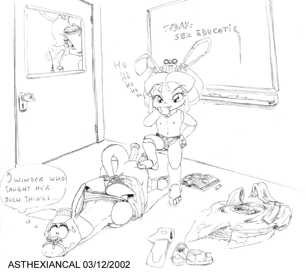 2002 3girls anthro asthexiancal breasts chalkboard classroom cub dildo door empress_frieda english_text female furry indoors lagomorph mammal monochrome nipples panties princess princess_vi rabbit samurai_pizza_cats sex_education short_hair sketch