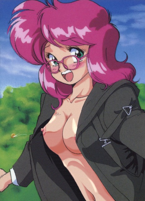 1girls 80s breasts bubblegum_crisis button_pop coat edit female glasses human light-skinned_female light_skin long_hair looking_at_viewer nene_romanova nipples nude_filter official_art outdoors pink_hair police policewoman solo sonoda_ken'ichi