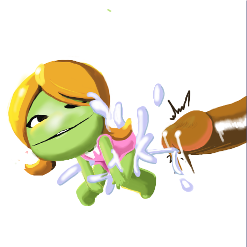 1boy 1girls bent_over blonde_hair cum green_skin human littlebigplanet minus8 penis pink_dress sackgirl size_difference wink