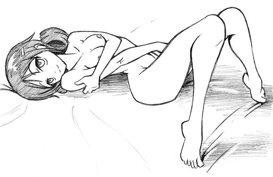 :3 breasts corpse_party curly_hair hair_ornament hairpin long_hair lying monochrome nipples nude on_back seiko_shinohara smile