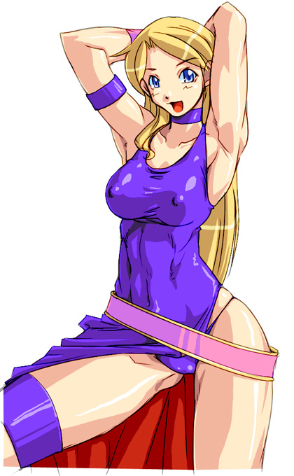 arikawa armpits arms_up bare_shoulders belt blonde_hair blue_dress blue_eyes blush bonne_jenet bracelet breasts choker cleavage collar curvy dress erect_nipples fatal_fury female_only female_solo fingerless_gloves g-string garou:_mark_of_the_wolves gloves highleg highleg_panties hips huge_breasts jennie_behrn jewelry king_of_fighters large_breasts leg_band legs long_hair long_legs muscle nipples no_bra panties pantyshot pirate purple_panties side_slit skirt snk solo solo_focus thick_thighs thighs thong underwear wink