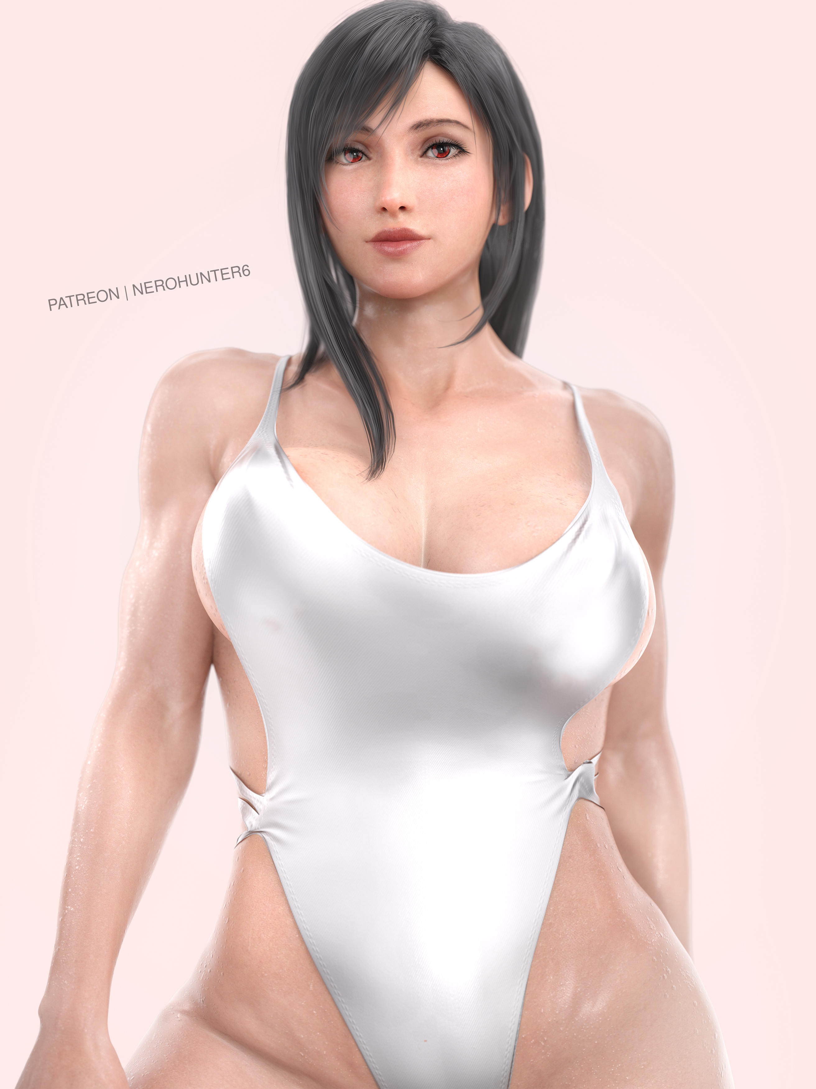 1girls, 3d, abs, absurdres, ass, big ass, big breasts, black hair, black nail polish, black nails, breasts, earrings, female, female only, final fantasy, final fantasy vii, final fantasy vii remake, fit, fit female, hard nipples, highres, huge breasts, leotard, long hair, nail polish, nerohunter6, one piece swimsuit, realistic, red eyes, selfie, shiny clothes, solo, solo female, square enix, swimsuit, swimwear, thick thighs, tifa lockhart, toned, toned female, voluptuous