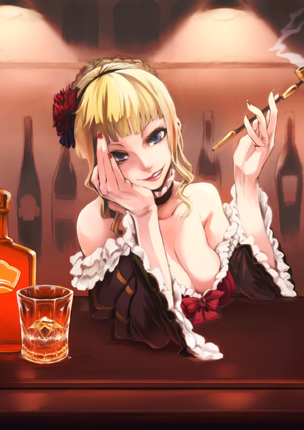 07th_expansion 2011 2d 2d_(artwork) alcohol bangs bar bar_(place) bar_counter bare_shoulders beatrice_(umineko) beverage blonde_bangs blonde_female blonde_hair blonde_hair_female blue_eyes breast_press breasts_pressed_together busty caucasian_female classy classy_female cleavage clothed clothed_female collar covered_nipples curvaceous curvy deep_cleavage devilish_grin dress dress_slip drinking_alcohol drinking_glass drunk evil_eyes evil_grin evil_smile female female_focus female_only femme_fatale flower_in_hair front_view grin grinning grinning_at_viewer head_on_hand huge_breasts huge_eyes ice_cube indoors intense_stare intoxicated kiseru lace lace_dress large_breasts light-skinned_female light_skin mature mature_female moku_(racie45bv) nipples_covered partially_exposed_breasts pipe presenting_breasts racie45bv red_lipstick red_nails showing_teeth side_bangs sitting smoking_pipe solo solo_female solo_focus stare substance_intoxication tagme teeth umineko_no_naku_koro_ni whiskey_bottle whiskey_glass wide_eyed witch wooden_table