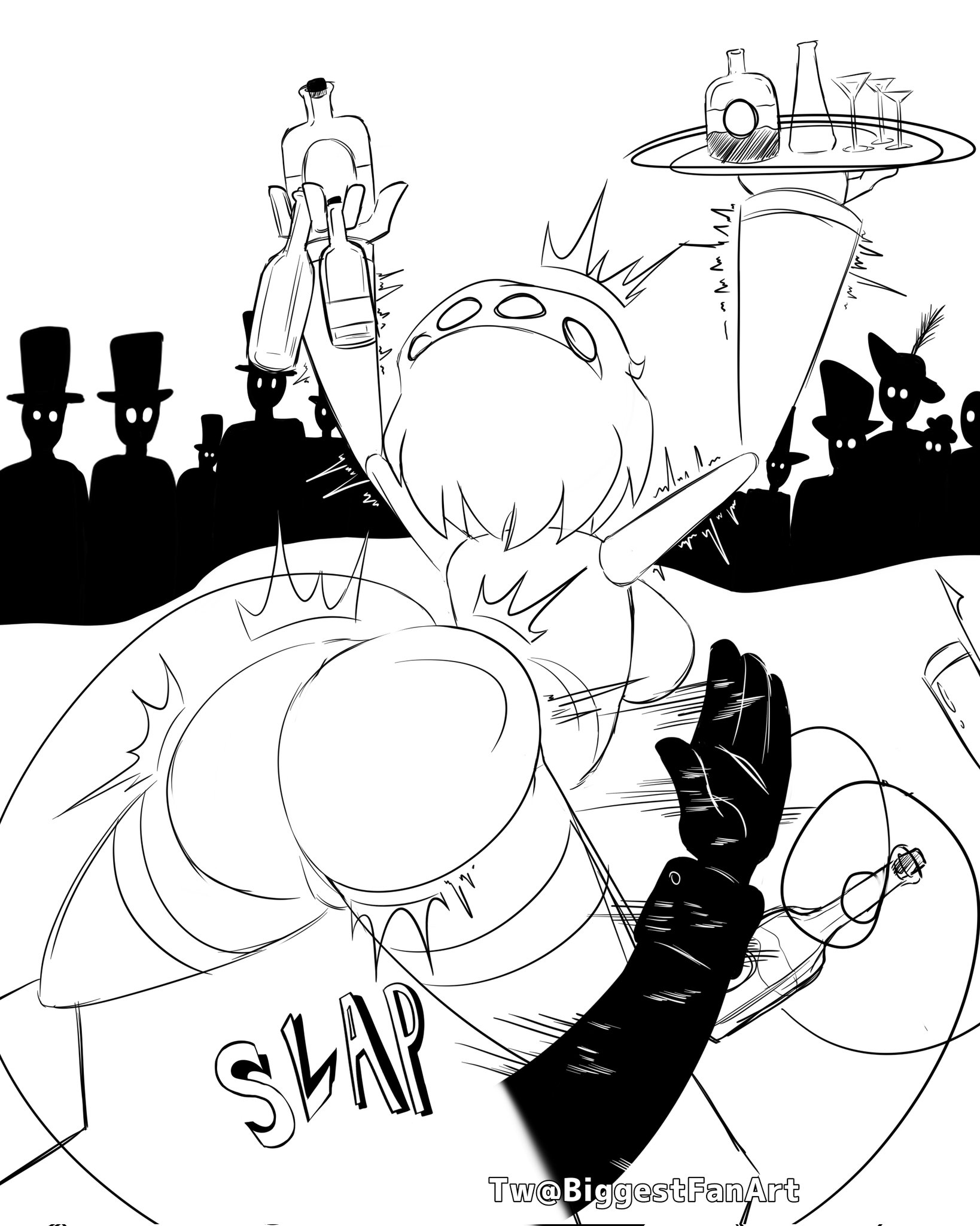 1girls, 2d, ass, ass focus, ass slap, beer, biggestfanart, black and white, club, female, line art, murder drones, public, tail, v (murder drones), watermark