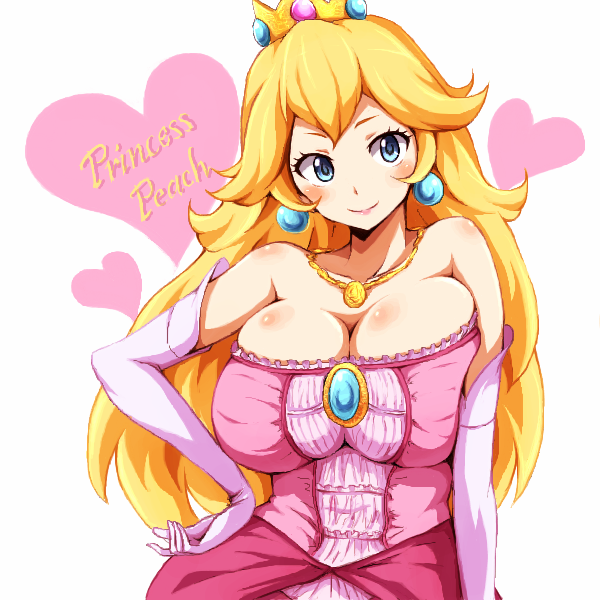 1girls blonde_hair blue_eyes blush breasts brooch bursting_breasts character_name cleavage clothing contrapposto crown dress earrings elbow_gloves female female_only fully_clothed gloves hand_on_hip heart jewelry large_breasts long_hair looking_at_viewer mario_(series) necklace nintendo no_bra pendant pink_dress princess_peach runaru simple_background smile solo standing strapless strapless_dress