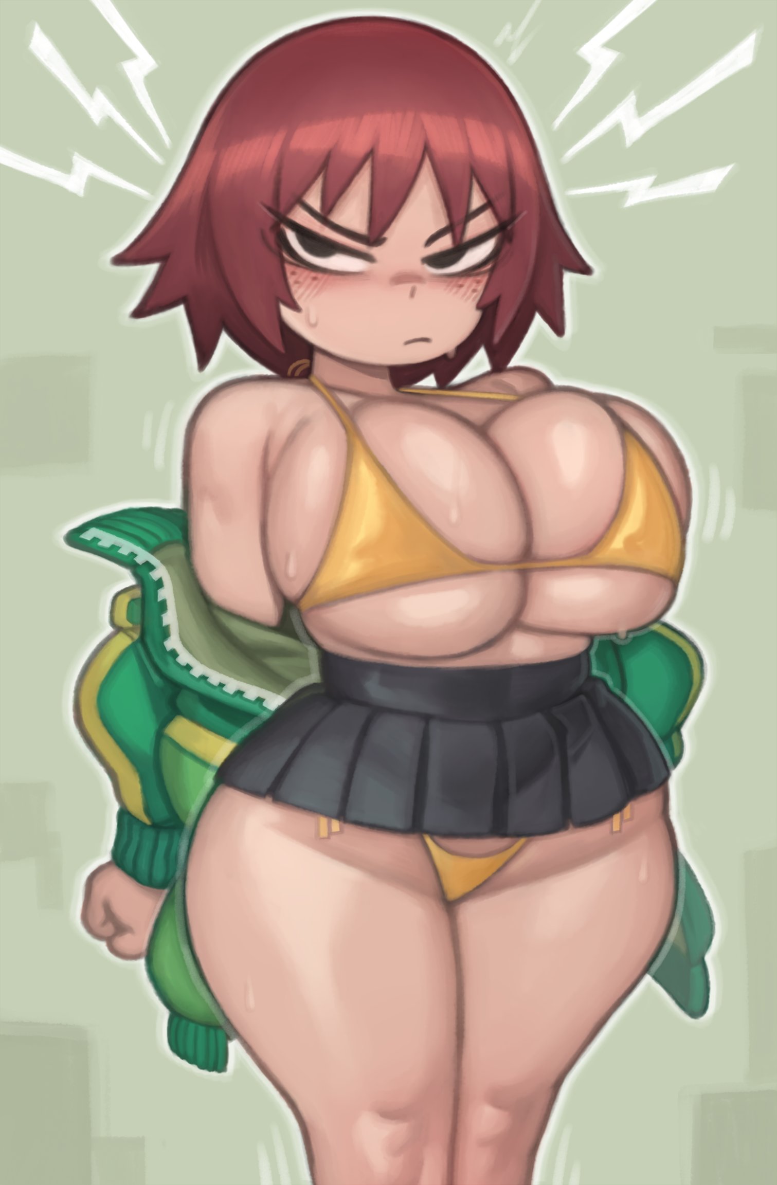 1girls, about to burst, angry, barely contained, barely contained breasts, barely fits, bikini, breasts, breasts too big, female, hi res, hips, huge breasts, imminent wardrobe malfunction, kelvin hiu, kim pine, large breasts, light skin, light-skinned female, looking at viewer, naughty face, panties, red hair, scott pilgrim, short hair, thick thighs, thighs, tight bikini, tight fit, tight swimsuit, tight swimwear, too tight, undersized clothes, undersized clothing, wide hips
