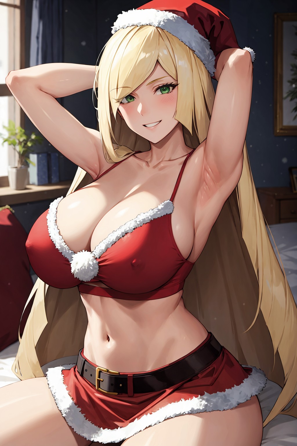 1girls, ai generated, blonde hair, breasts, christmas, christmas outfit, cleavage, female, game freak, green eyes, hi res, huge breasts, light skin, light-skinned female, long hair, lusamine (pokemon), nintendo, pokemon, pokemon sm, santa hat, stable diffusion
