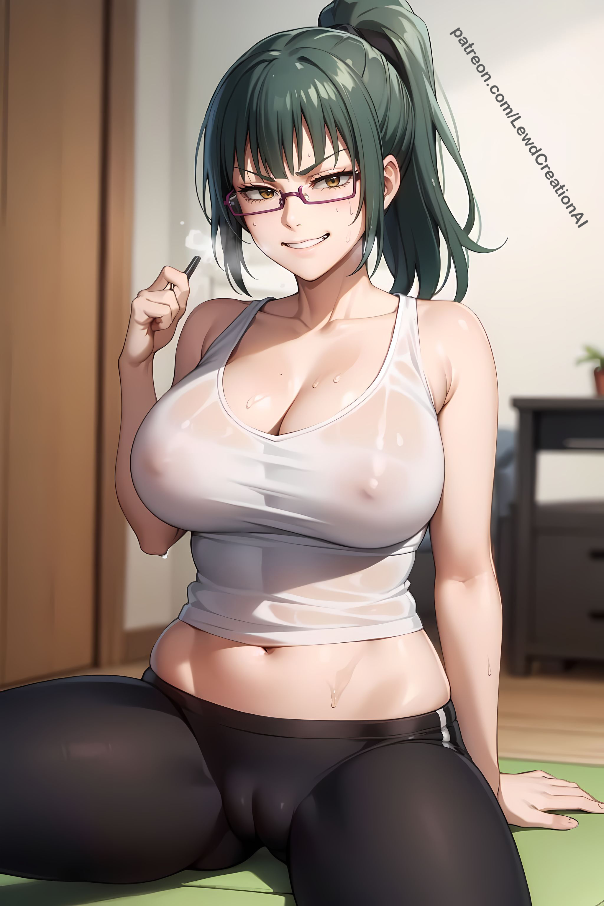 1girls, ai generated, big breasts, blush, blush lines, blushing at viewer, breasts, breasts out, brown eyes, cameltoe, cleavage, covered nipples, curvaceous, curvy, curvy female, curvy figure, female, green eyes, heavy breathing, huge breasts, jujutsu kaisen, lewdcreationsai, looking at viewer, mommy, navel, navel fetish, nipples, pussy, see-through, see-through clothing, sitting, smirk, solo, solo female, solo focus, spread legs, spreading, tagme, tank top, thighs, tight clothing, tight fit, yoga, yoga pants, zenin maki