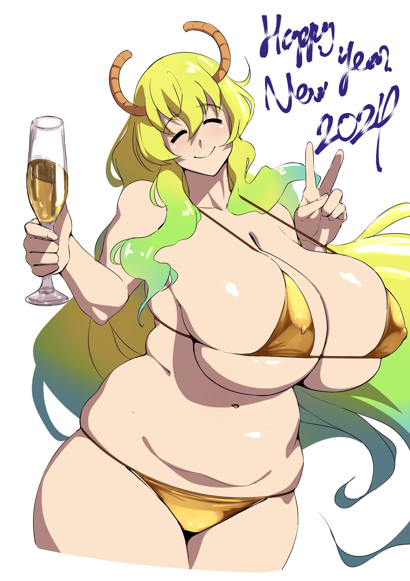 1girls, 2024, big breasts, bikini, breasts, champagne, dragon horns, female, happy new year, horns, huge breasts, light skin, light-skinned female, micro bikini, miss kobayashi's dragon maid, new year, quetzalcoatl (dragon maid), suphesol, voluptuous, voluptuous female, wide hips