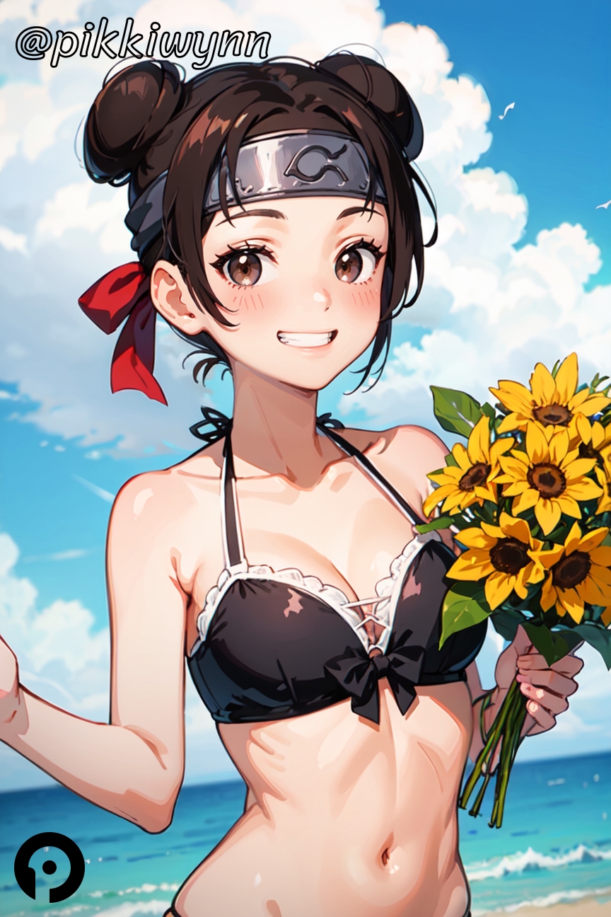 ai_generated bare_shoulders beach bikini black_bikini blue_sky blush breasts brown_eyes brown_hair cleavage cloud collarbone day double_bun female flower forehead_protector grin hair_bun headband holding holding_flower looking_at_viewer medium_breasts naruto naruto_shippuden navel ocean outdoors pikkiwynn short_hair sky smile solo sunflower swimsuit tenten yellow_flower