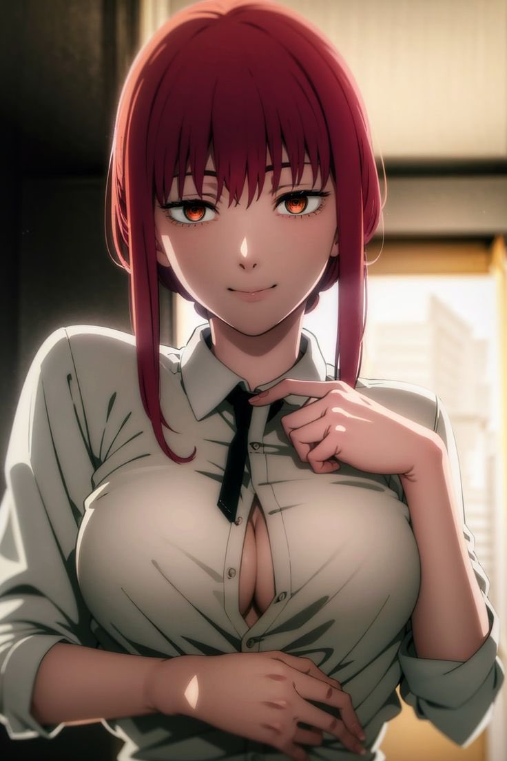 ai generated, big breasts, bra, breasts, chainsaw man, female, makima (chainsaw man), red hair, suit, tight clothing, tight dress, unbuttoned, unbuttoned shirt