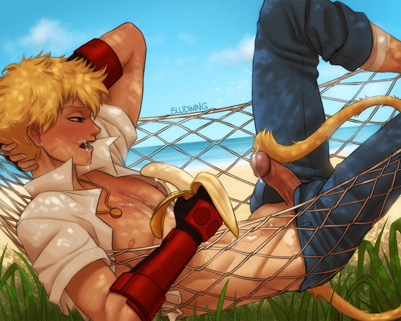 1boy, beach, blonde hair, bludwing, blush, cum, cum on body, cum on face, cum on self, exhibitionism, gay, gay male, male, male only, masturbation, monkey tail, on back, orgasm, outdoors, outside, partially clothed, penis, public, rwby, solo, solo focus, sun wukong (rwby), tail, yaoi