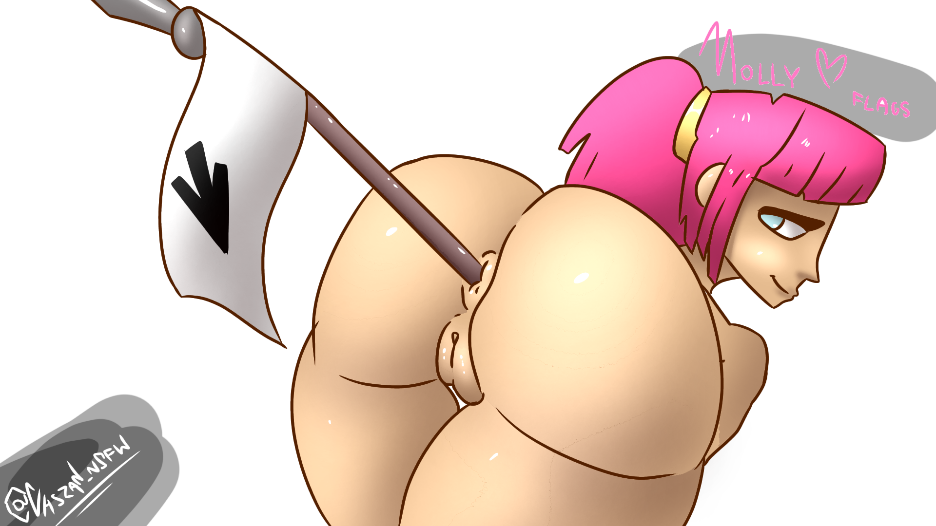 1girls, anal, anal insertion, anal object insertion, anal penetration, archer (clash of clans), archer (clash royale), ass, ass focus, big ass, big butt, chszan chan, clash (series), clash a rama, clash of clans, clash royale, completely nude, female, female only, flag, looking at viewer, looking back, looking pleasured, nude, nude female, object in ass, pink hair, ponytail, pussy, smile, solo, solo female, transparent background