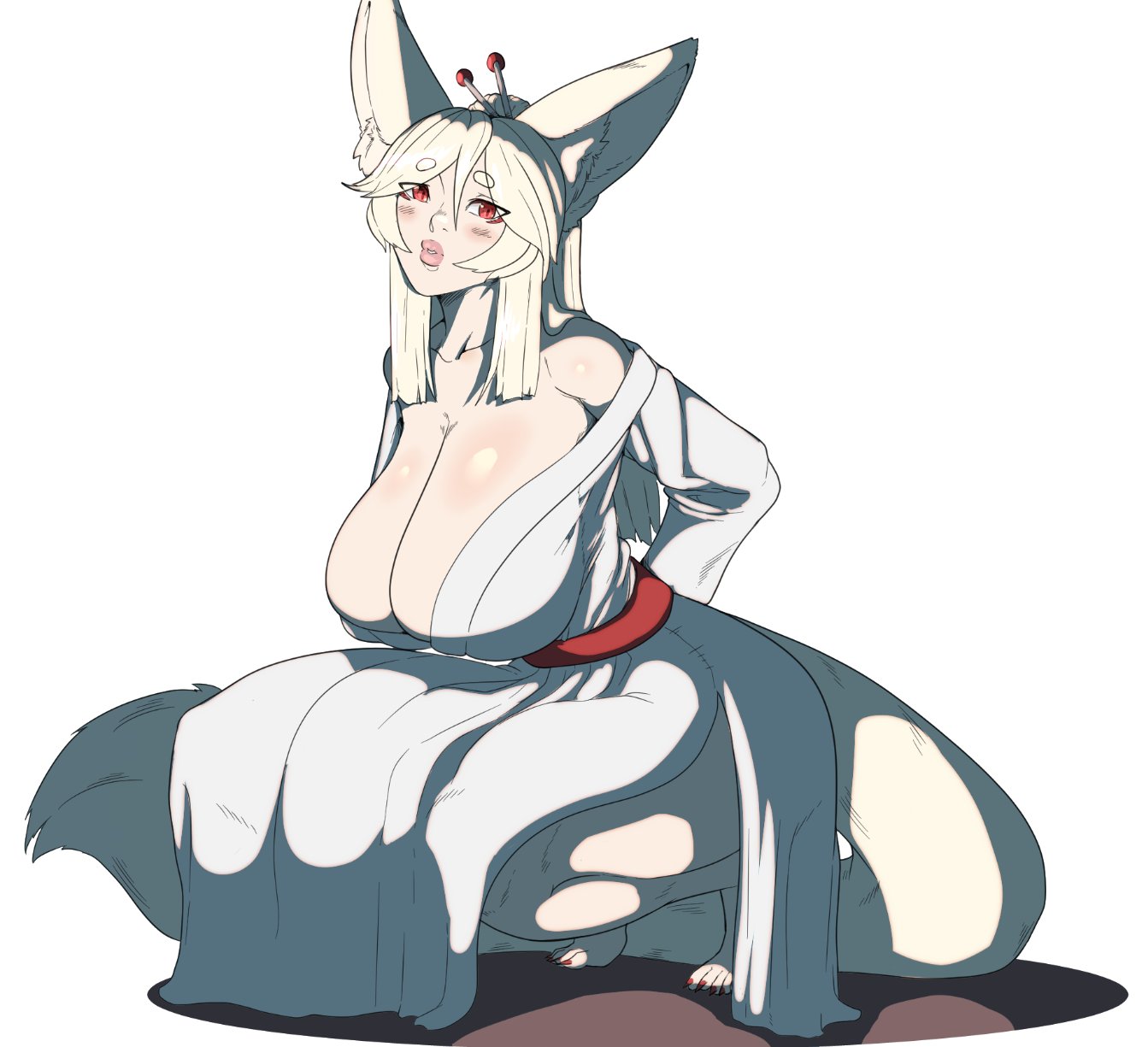 1girls, animal ears, atsuko ceris, big breasts, breasts, female, fox, fox ears, fox girl, fox tail, hanging breasts, huge breasts, japanese clothes, kimono, long hair, looking at viewer, milf, red eyes, solo, tail, the varking, white fur, white hair