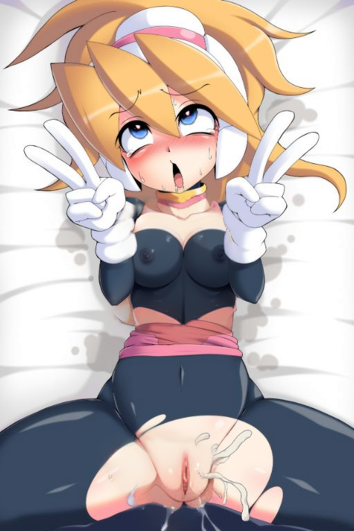 ahe_gao ai_generated blonde_hair blush ciel_(mega_man) mega_man mega_man_x_dive mega_man_zero nude_filter peace_sign ripped_clothing semen_on_body semikichi